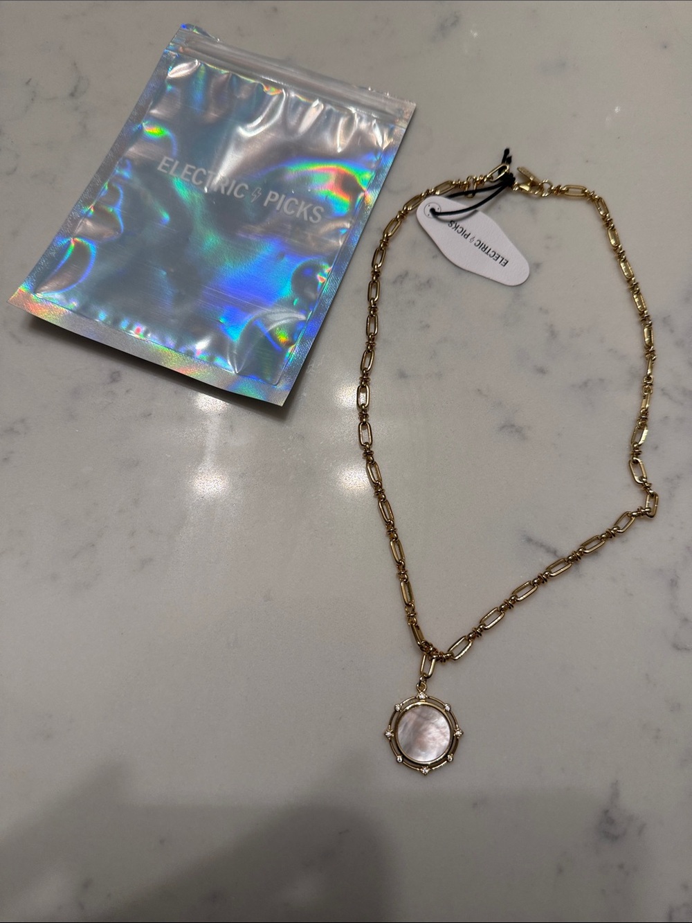 Electric Family Gold Link Necklace with Mother-of-Pearl Disc